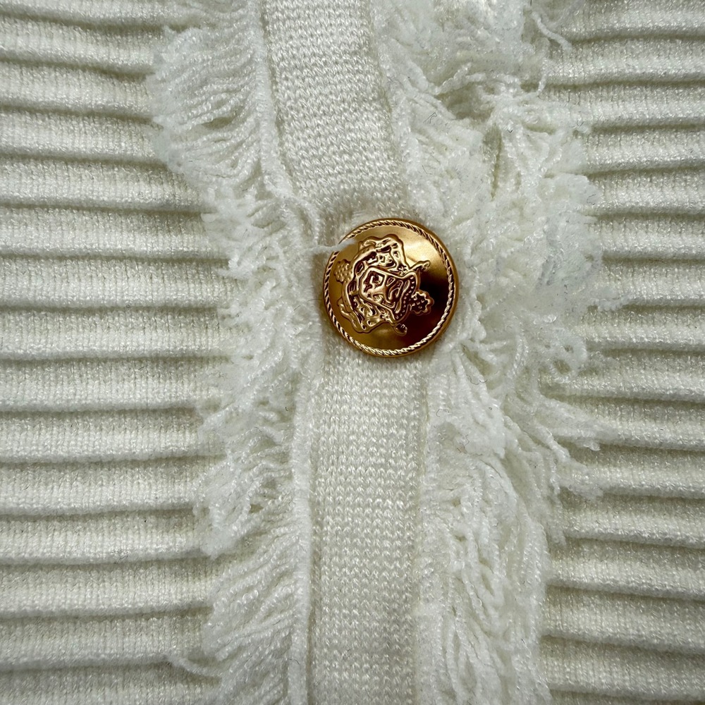 NWT Emerson Lang Womens Cream Ribbed Fringed Trim Button Front Cardigan Size S - Picture 9 of 10